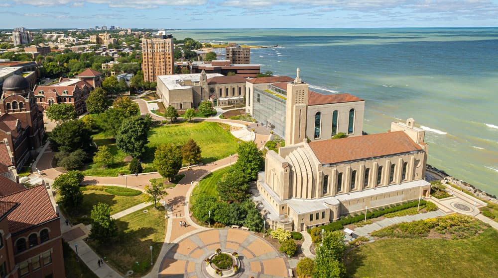 Aerial view of Loyola University's lakefront campus, Chicago