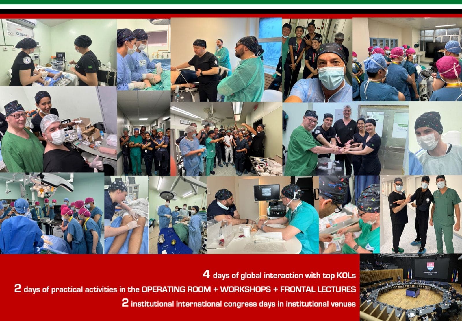 Photo collage from past v-WIN events: 4 days of global interaction with top KOLs, 2 days of practical activities in the operating room plus workshops and frontal lectures, and 2 international congress days in institutional venues.